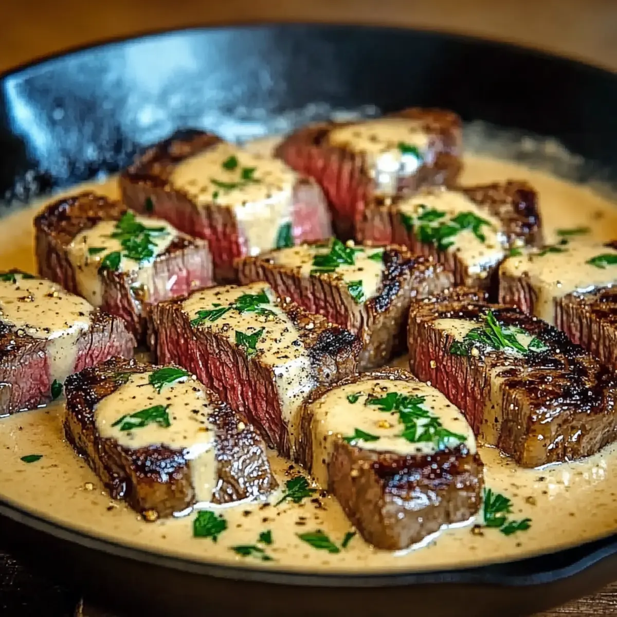 Cast Iron Bavette Steak with Barley Tea Garlic Cream Sauce