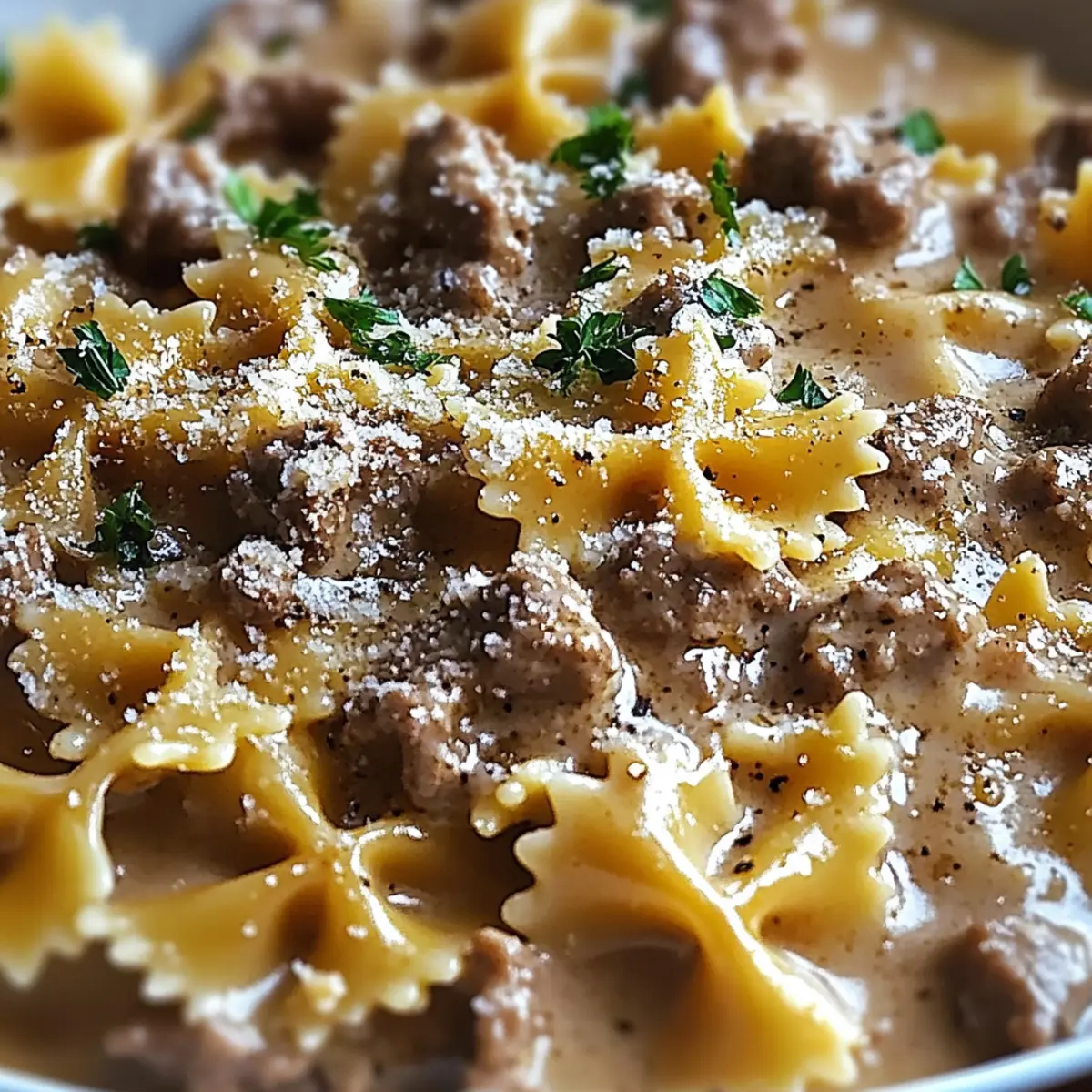 Creamy Parmesan Garlic Beef Bowtie Pasta