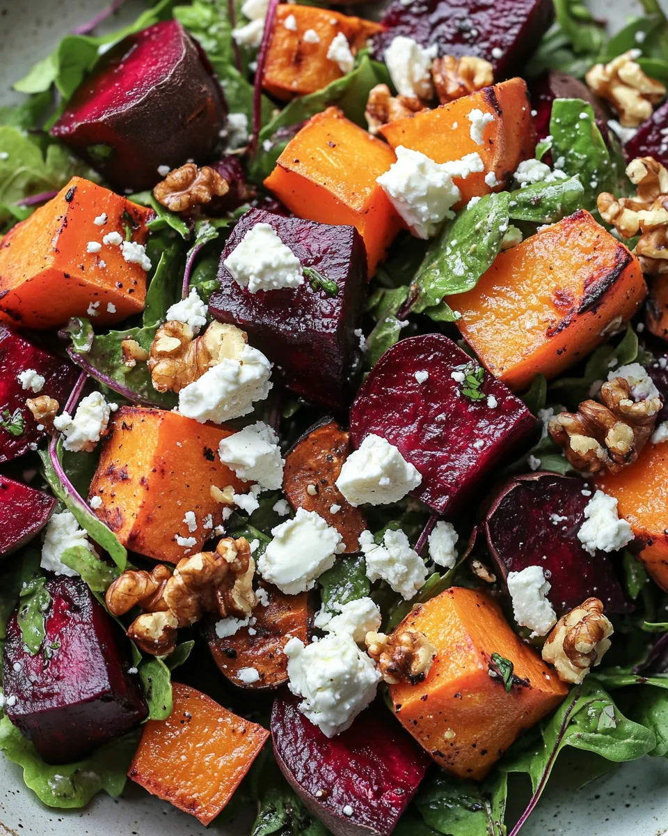 Creamy Roasted Beet Salad with Sweet Potato & Feta