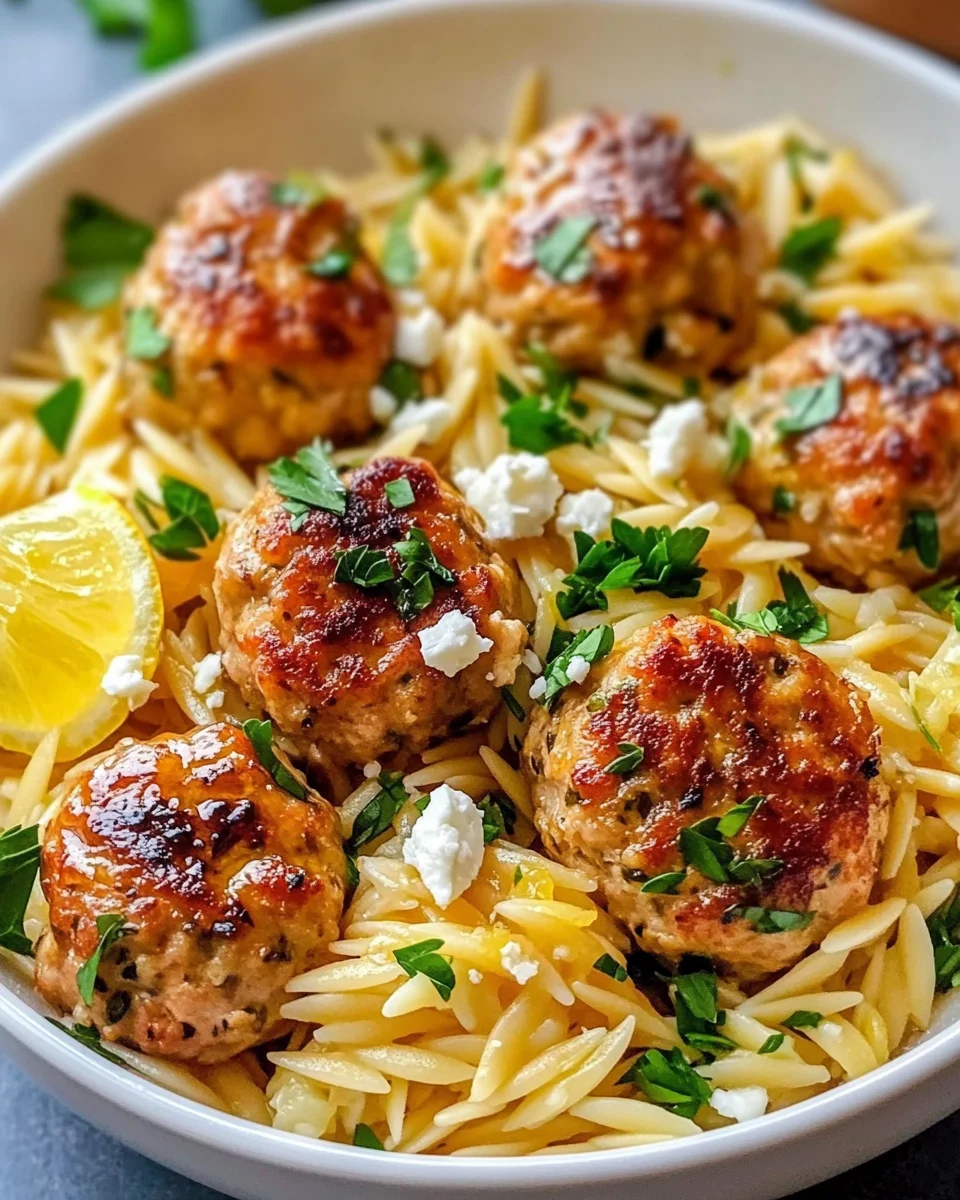 Greek Chicken Meatballs with Lemon Orzo