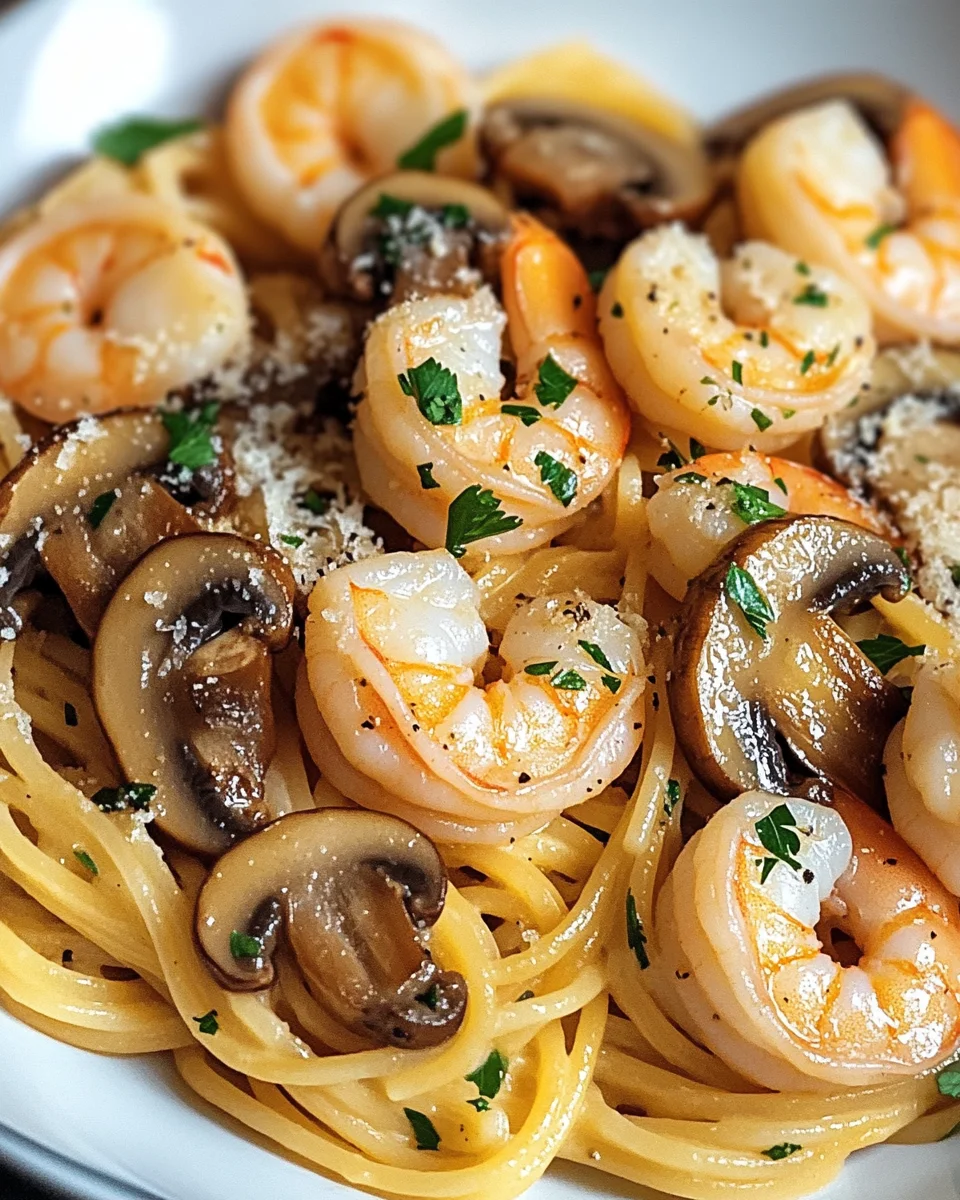 Mushroom Garlic Shrimp Pasta