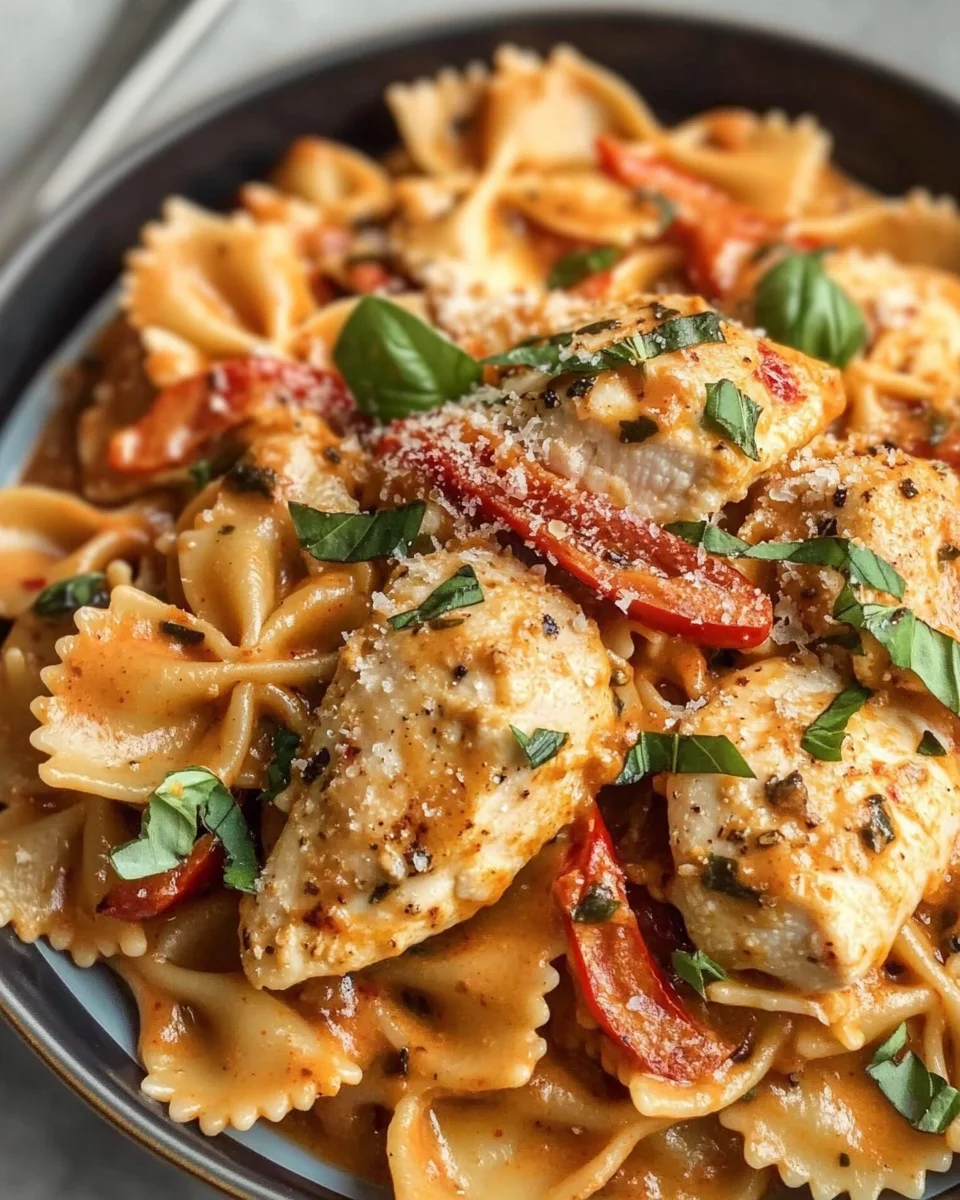 Parmesan Roasted Red Pepper Chicken Bowties in Garlic Cream