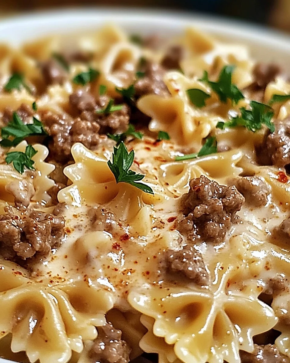 Beef and Bowtie Pasta with Alfredo Sauce