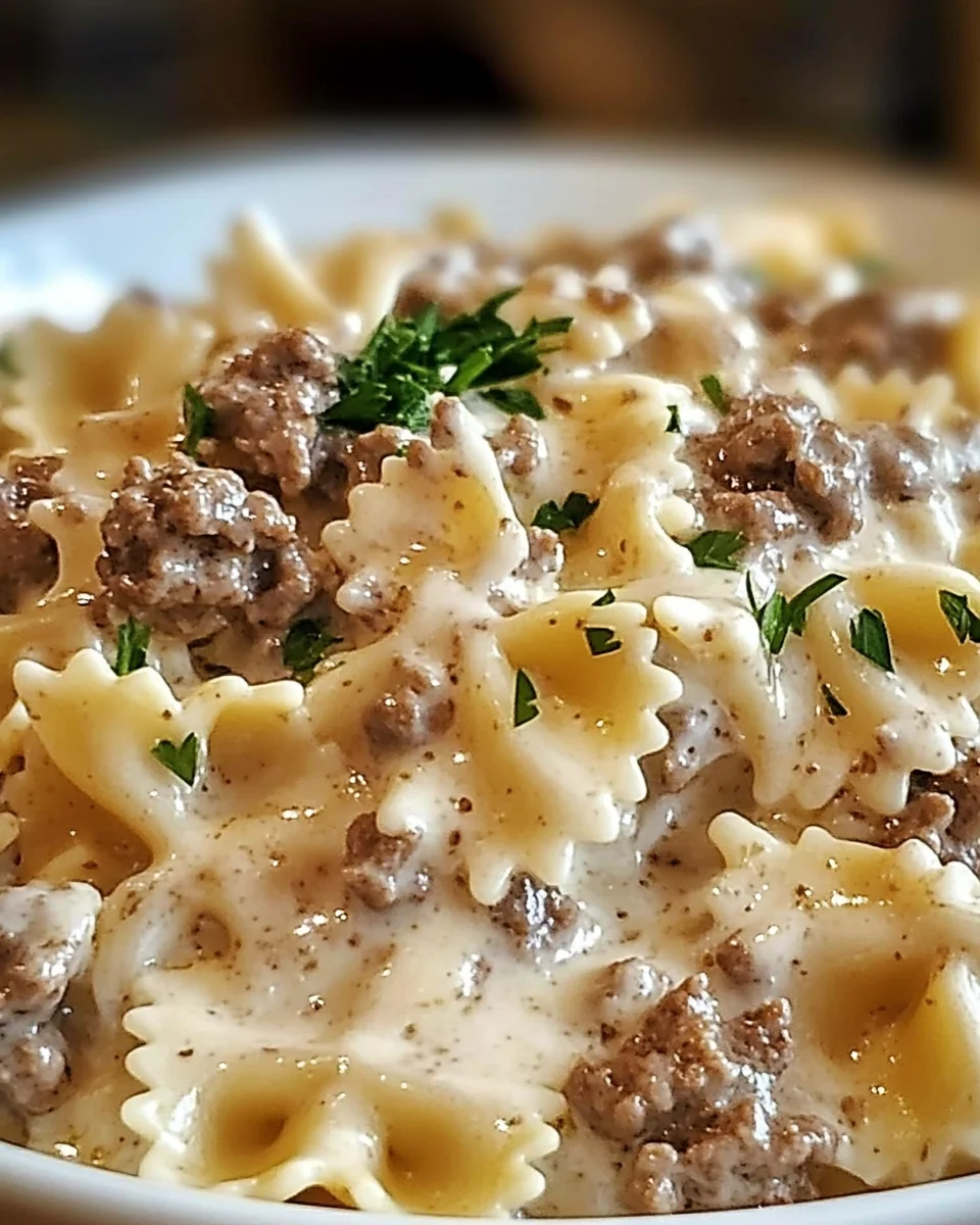 Beef and Bowtie Pasta with Alfredo Sauce