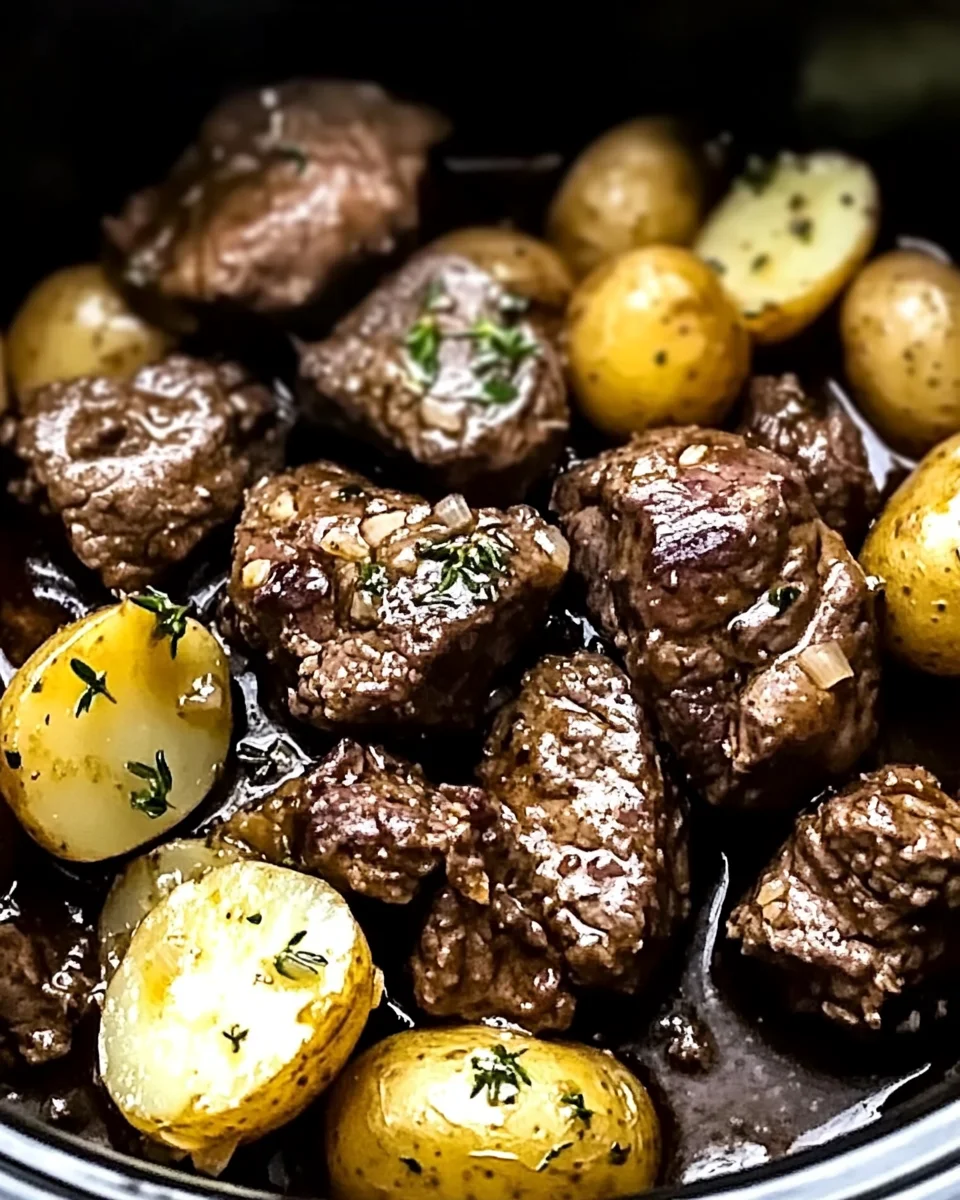 crockpot garlic butter beef bites with potatoes